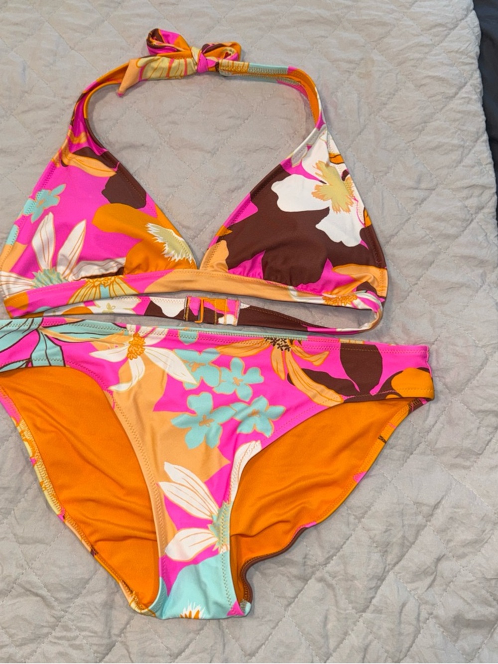 aerie Kids Floral Halter One-Piece Swimsuit - Pink, Orange & Brown